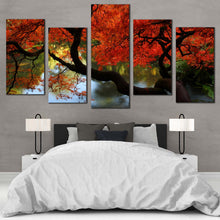 Load image into Gallery viewer, Kubota Garden Canvas Wall Art Japanese Red Maple Garden 5 Piece Multi Canvas Artwork Beautiful Green Trees River Reflection Canvas Print For Bedroom
