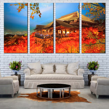Load image into Gallery viewer, Kyoto City Canvas Print Orange Kiyomizu Dera Japan Temple  4 Piece Canvas Wall Art Red Maple Tree Multi Canvas Artwork In Living room
