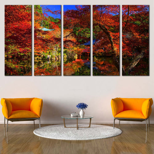 Kyoto Japan Canvas Print Red Green Trees Scenery Canvas Set Daigoji Temple Park River Reflection  5 Piece Canvas Wall Art For Living Room