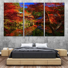 Load image into Gallery viewer, Kyoto Japan Canvas Print Red Green Trees Scenery Triptych Canvas Set Daigoji Temple Park River Reflection  3 Piece Canvas Wall Art For Bedroom
