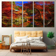 Load image into Gallery viewer, Kyoto Scenery Canvas Wall Art Japan Blue Sky Daigoji Temple Canvas Print Red Trees Park River Reflection  5 Piece Canvas In Bedroom
