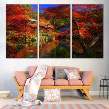 Load image into Gallery viewer, Kyoto Scenery Canvas Wall Art Japan Blue Sky Daigoji Temple Canvas Print Red Trees Park River Reflection  3 Piece Canvas In Living Room
