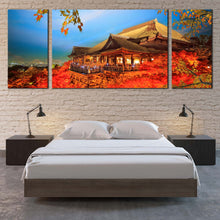 Load image into Gallery viewer, Kyoto  Temples  Canvas  Wall  Art  Evening  Blue  Sky  Maple  Tree  Canvas  Print  Japan  Red  Kiyomizu  Dera    3  Piece  Canvas  Set For Bedroom
