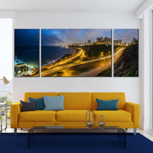 Load image into Gallery viewer, LIMA  PERU  ocean  city  at  night  triptych  wall  art In Living Room
