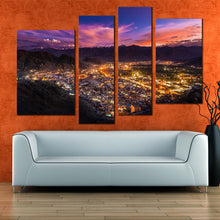 Load image into Gallery viewer, Ladakh City Canvas Wall Art India Mountains Yellow City Lights Multiple Canvas Blue Sky Cityscape 4 Piece Canvas Print
