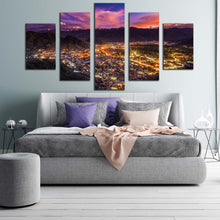 Load image into Gallery viewer, Ladakh City Canvas Wall Art India Mountains Yellow City Lights Multiple Canvas Blue Sky Cityscape 5 Piece Canvas Print For Bedroom
