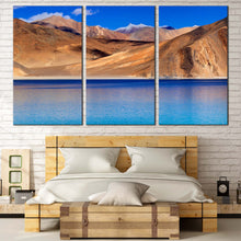 Load image into Gallery viewer, Ladakh Mountains Canvas Wall Art Blue Pangong Tso Lake Multi Canvas India Leh Ladakh Jammu Landscape Canvas Print Brown Ocean Mountains 3 Piece Canvas In Bedroom
