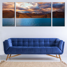 Load image into Gallery viewer, Ladakh Mountains Canvas Wall Art Cloudy Brown Ocean Mountain  3 Piece Canvas Print Blue Pangong Tso Lake Multi Canvas Artwork Jammu Kashmir Mountain Scenery Canvas Set In Living Room
