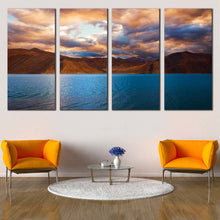 Load image into Gallery viewer, Ladakh Mountains Canvas Wall Art Cloudy Brown Ocean Mountain  4 Piece Canvas Print Blue Pangong Tso Lake Multi Canvas Artwork Jammu Kashmir Mountain Scenery Canvas Set For Living room
