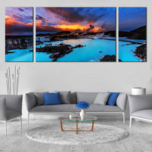 Load image into Gallery viewer, Lagoon  Iceland  Canvas  Wall  Art  Dramatic  Yellow  Orange  Sunset  Sky  Living  Room  3  Piece  Canvas  Print  Blue  Ocean  Mountain  Seascape  Canvas In Living Room
