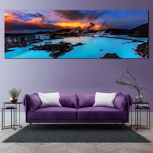 Load image into Gallery viewer, Lagoon  Iceland  Canvas  Wall  Art  Dramatic  Yellow  Orange  Sunset  Sky  Living  Room  Panoramic  Canvas  Print  Blue  Ocean  Mountain  Seascape In Living Room
