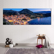 Load image into Gallery viewer, Lake Titicaca Canvas Wall Art. Green Mountain City Beach Panoramic Canvas Artwork. Bolivia Copacabana Yellow City Canvas Print For Living Room
