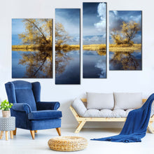 Load image into Gallery viewer, Lake Scenery Canvas Wall Art Green Trees Scenery Multi Panel Canvas Blue Sky Clouds Reflection Scenery  4 Piece Canvas Print
