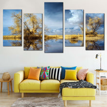 Load image into Gallery viewer, Lake Scenery Canvas Wall Art Green Trees Scenery Multi Panel Canvas Blue Sky Clouds Reflection Scenery  5 Piece Canvas Print
