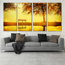 Load image into Gallery viewer, Lake Tree and Park Bench 4 panel canvas print In Living Room
