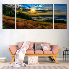 Load image into Gallery viewer, Landscape  Horizon  Canvas  Wall  Art  Cloudy  Yellow  Sunrise  Landscape  Valley  Canvas  Print  Green  Trees  Mountain  Scenery    3  Piece  Canvas In Living Room
