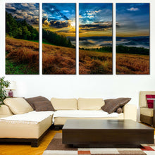 Load image into Gallery viewer, Landscape Horizon Canvas Wall Art Cloudy Yellow Sunrise Landscape Valley Canvas Print Green Trees Mountain Scenery  4 Piece Canvas For Living room
