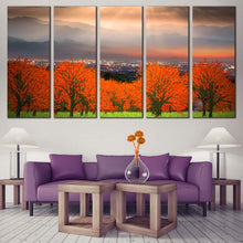 Load image into Gallery viewer, Landscape Scenery Canvas Print Dramatic Grey Sky Cityscape Multi Panel Canvas Beautiful Orange Trees Landscape  5 Piece Canvas Wall Art In Living Room
