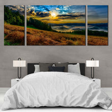 Load image into Gallery viewer, Landscape  Valley  Canvas  Wall  Art  Dramatic  Yellow  Cloudy  Sunrise  Sky  Multi  Canvas  Green  Trees  Mountain  Scenery  Multi  Canvas  Hills  Landscape  Horizon    3  Piece  Canvas  Print For Bedroom
