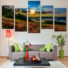 Load image into Gallery viewer, Landscape Valley Canvas Wall Art Dramatic Yellow Cloudy Sunrise Sky Multi Canvas Green Trees Mountain Scenery Multi Canvas Hills Landscape Horizon  5 Piece Canvas Print In Your Living Room
