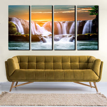 Load image into Gallery viewer, Landscape nature green forest waterfalls sunset sunrise 4 piece canvas prints For Living room
