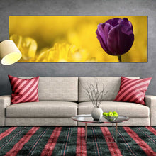 Load image into Gallery viewer, Large  size  close  up  Purple  Tulip  with  Yellow  Background  wall  decor In Living Room
