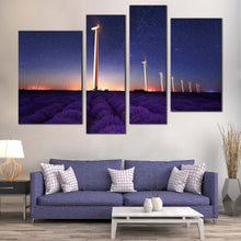 Load image into Gallery viewer, Lavender Field Canvas Wall Art Blue Night Stars Wind Farm Split Canvas Purple Lavender Windmill Landscape  4 Piece Canvas Print
