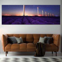 Load image into Gallery viewer, Lavender  Field  Canvas  Wall  Art  Purple  Lavender  Landscape  Scenery  Living  Room  Panoramic  Canvas  Artwork  Blue  Wind  Farm  Night  Stars  Canvas  Print In Living Room
