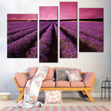 Load image into Gallery viewer, Lavender Fields Canvas Wall Art Purple Fields Scenery Sunrise 4 Piece Multi Canvas Beautiful Black Valensole Plateau Landscape Canvas Print 
