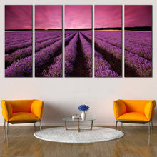 Load image into Gallery viewer, Lavender Fields Canvas Wall Art Purple Fields Scenery Sunrise 5 Piece Multi Canvas Beautiful Black Valensole Plateau Landscape Canvas Print For Your Living room
