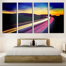 Load image into Gallery viewer, Light Trail Canvas Print Dramatic Blue Yellow Sky  4 Piece Canvas Wall Art For Your Bedroom
