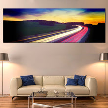 Load image into Gallery viewer, Light  Trail  Canvas  Print  Dramatic  Blue  Yellow  Sky  Living  Room  Panoramic  Canvas  Wall  Art  Red  Car  Light  Trail  Wide  Canvas For Living Room
