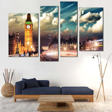 Load image into Gallery viewer, Light Trail Canvas Wall Art London Green Cloudy Sky Multi Panel Canvas Westminster City Gold Clock Tower  4 Piece Canvas Print
