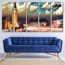 Load image into Gallery viewer, Light Trail Canvas Wall Art London Green Cloudy Sky Multi Panel Canvas Westminster City Gold Clock Tower  5 Piece Canvas Print In Living room
