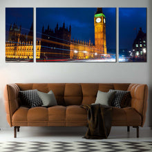 Load image into Gallery viewer, Light Trail Canvas Wall Art London Green Gold Clock Tower 3 Piece Multi Panel Canvas Westminster City Blue Sky Canvas Print In Living Room
