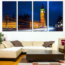 Load image into Gallery viewer, Light Trail Canvas Wall Art London Green Gold Clock Tower 4 Piece Multi Panel Canvas Westminster City Blue Sky Canvas Print In Living room
