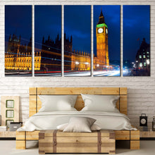 Load image into Gallery viewer, Light Trail Canvas Wall Art London Green Gold Clock Tower 5 Piece Multi Panel Canvas Westminster City Blue Sky Canvas Print For Bedroom
