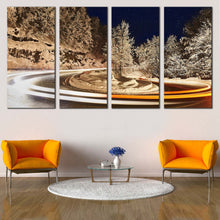 Load image into Gallery viewer, Light Trail Canvas Wall Art White Vortex light 4 Piece Canvas Snow Winter Night Sky Canvas Print Winter Lights Grey Trees  Canvas Set For Living room
