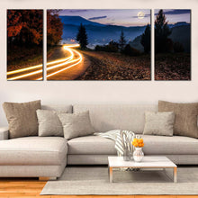 Load image into Gallery viewer, Light  Trail  Canvas  Wall  Art  Yellow  Car  Lights  Canvas  Artwork  Blue  Mountains  Landscape 3  Piece  Canvas  Print In Living Room
