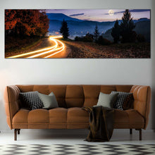 Load image into Gallery viewer, Light  Trail  Canvas  Wall  Art  Yellow  Car  Lights  Canvas  Artwork  Blue  Mountains  Landscape  Panoramic  Canvas  Print In Living Room
