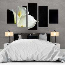 Load image into Gallery viewer, Lily Floral Canvas Wall Art Black Background Isolated Flower 5 Piece Canvas Print White Calla Lilies Canvas Set In Bedroom
