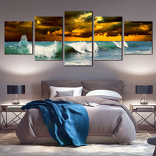 Load image into Gallery viewer,  Cloudy Seascape Canvas Wall Art Green Ocean Waves 5 Piece Canvas Print Yellow Sky Sea Ocean Multi Canvas For Bedroom
