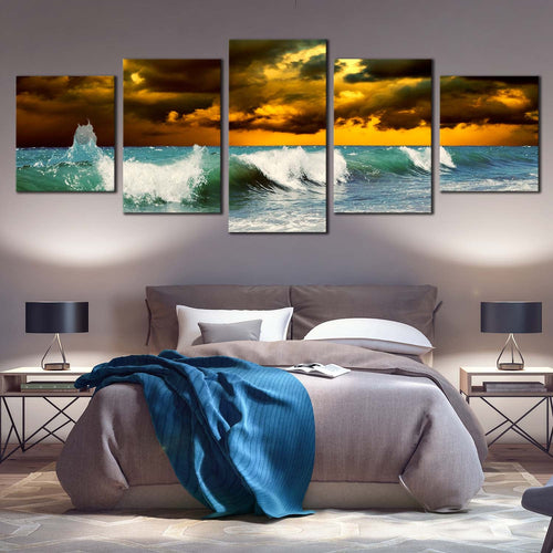  Cloudy Seascape Canvas Wall Art Green Ocean Waves 5 Piece Canvas Print Yellow Sky Sea Ocean Multi Canvas For Bedroom