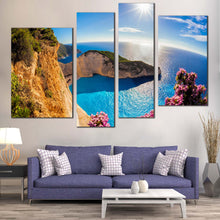 Load image into Gallery viewer, Living Room Greece Sunset Canvas Wall Art Blue Ocean Cliff 4 Piece Canvas Print Green Navagio Ocean Mountains Mutiple Canvas

