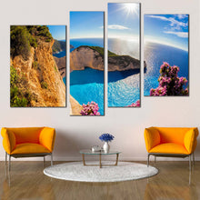 Load image into Gallery viewer, Living Room Navagio Ocean Canvas Wall Art Green Ocean Mountains Canvas Print Blue Navagio Beach Greece Sunset 4 Piece Canvas 
