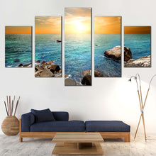 Load image into Gallery viewer, Living  Room  Ocean  Rocks  Canvas  Print  Blue  Stony  Beach  5  Piece  Canvas  Wall  Art  Yellow  Cloudy  Sky  Sunset  Multiple  Canvas For Living Room
