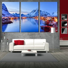 Load image into Gallery viewer, Lofoten Norway Mountains Snow at Night Triptych Canvas Wall Art For Living Room
