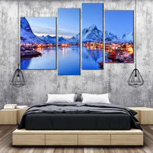 Load image into Gallery viewer, Lofoten Norway Mountains Snow landscape home decoration 4 piece canvas photography For Bedroom
