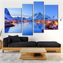 Load image into Gallery viewer, Lofoten Norway Mountains Snow night view 4 Panel Canvas For Living Room
