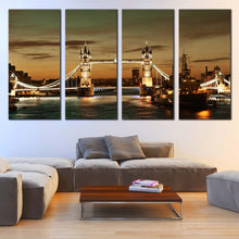 Load image into Gallery viewer, London Bridge Canvas Wall Art Yellow Light Tower Bridge  4 Piece Canvas Print James River Brown City Bridge Multiple Canvas In Your Living Room
